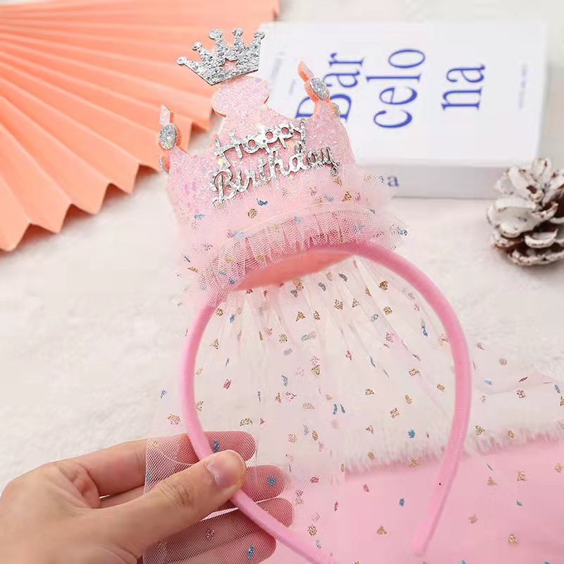 [SG] Cute Kids Veil with Hairband Birthday Hats Girls Birthday Cake Crown Tiara Kids Veil Headpieces Photo Shooting-HOMA