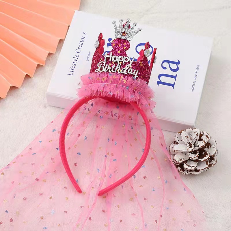 [SG] Cute Kids Veil with Hairband Birthday Hats Girls Birthday Cake Crown Tiara Kids Veil Headpieces Photo Shooting-HOMA