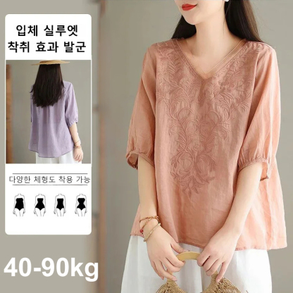 반소매 슬림핏 자카르 면 마 셔츠