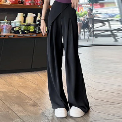 不規則ドレープ性ハイウエストワイドパンツ