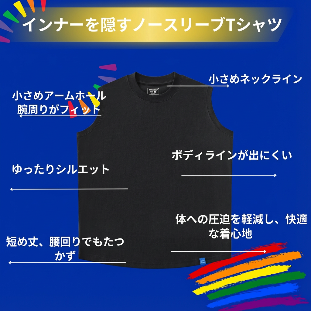 インナーが見えない ノースリーブ タンクトップ Tシャツ ゆったりフィット ボディライン出にくい クルーネック トップス 小さめネックライン＆アームホール カッコよい