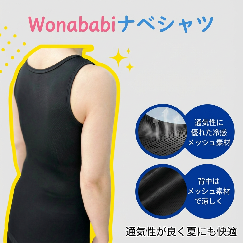 [Wonababi] ナベシャツ ロング丈 両側隠しファスナー付き 通気メッシュ素材  ストレッチ感