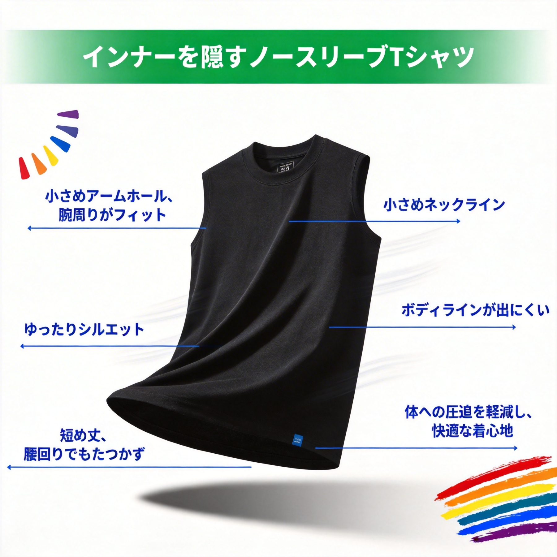 インナーが見えない ノースリーブ タンクトップ Tシャツ 小さめネックライン＆アームホール