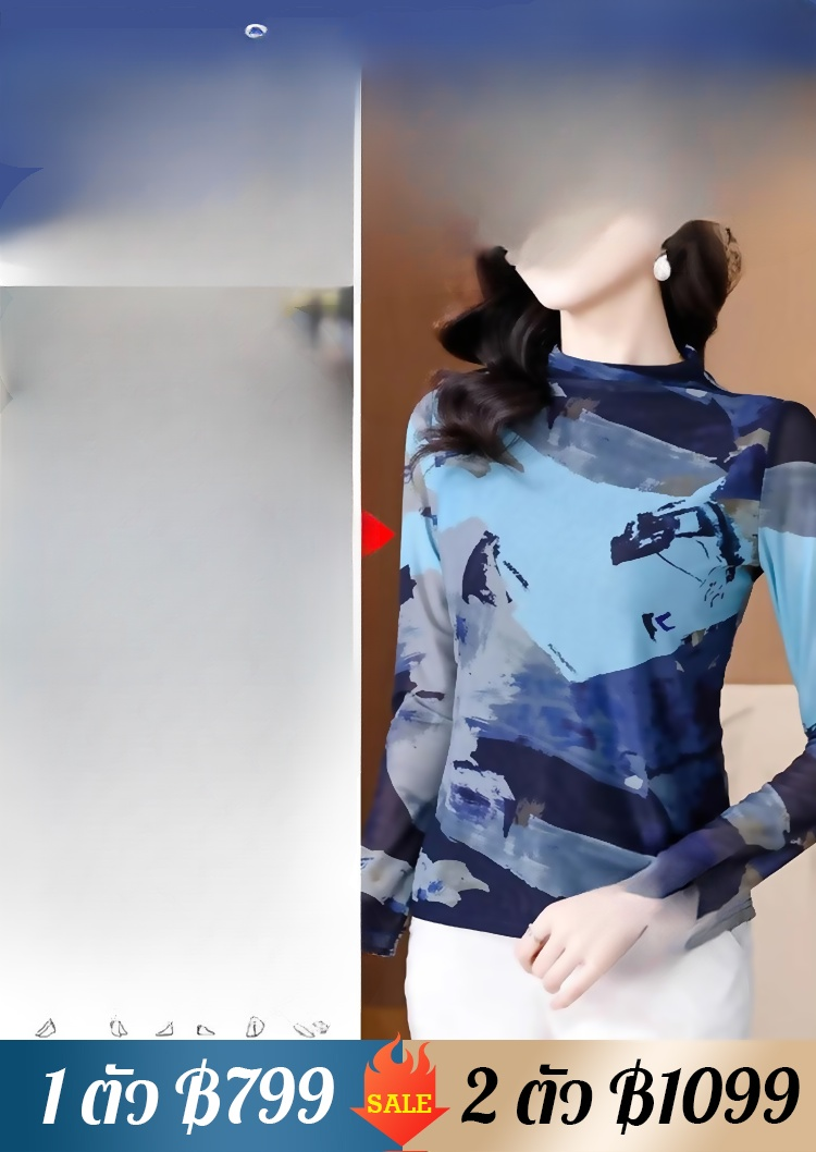 เสื้อยืดคอเต่าผ้าตาข่ายสองชั้นพิมพ์ลายแฟชั่นฟิตตัว