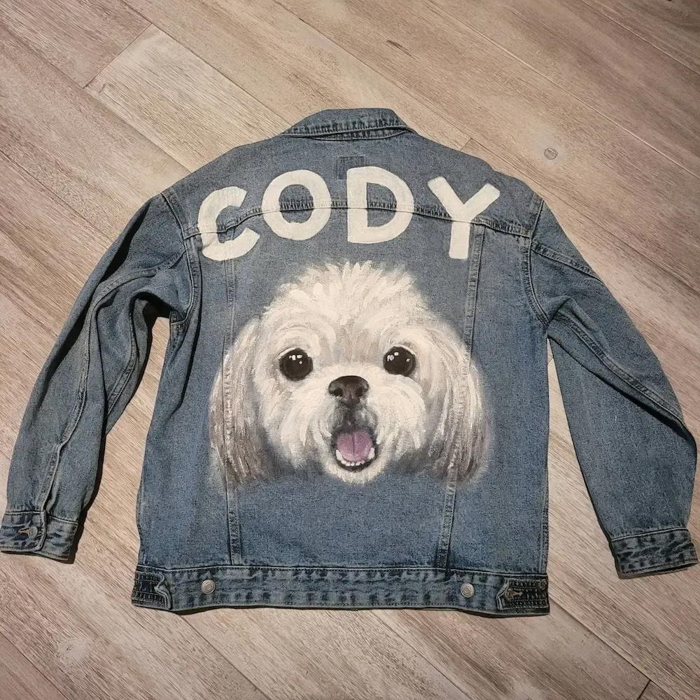 カスタムペットの肖像画手描き印刷転写デニムジャケット-フルサイズの肖像画