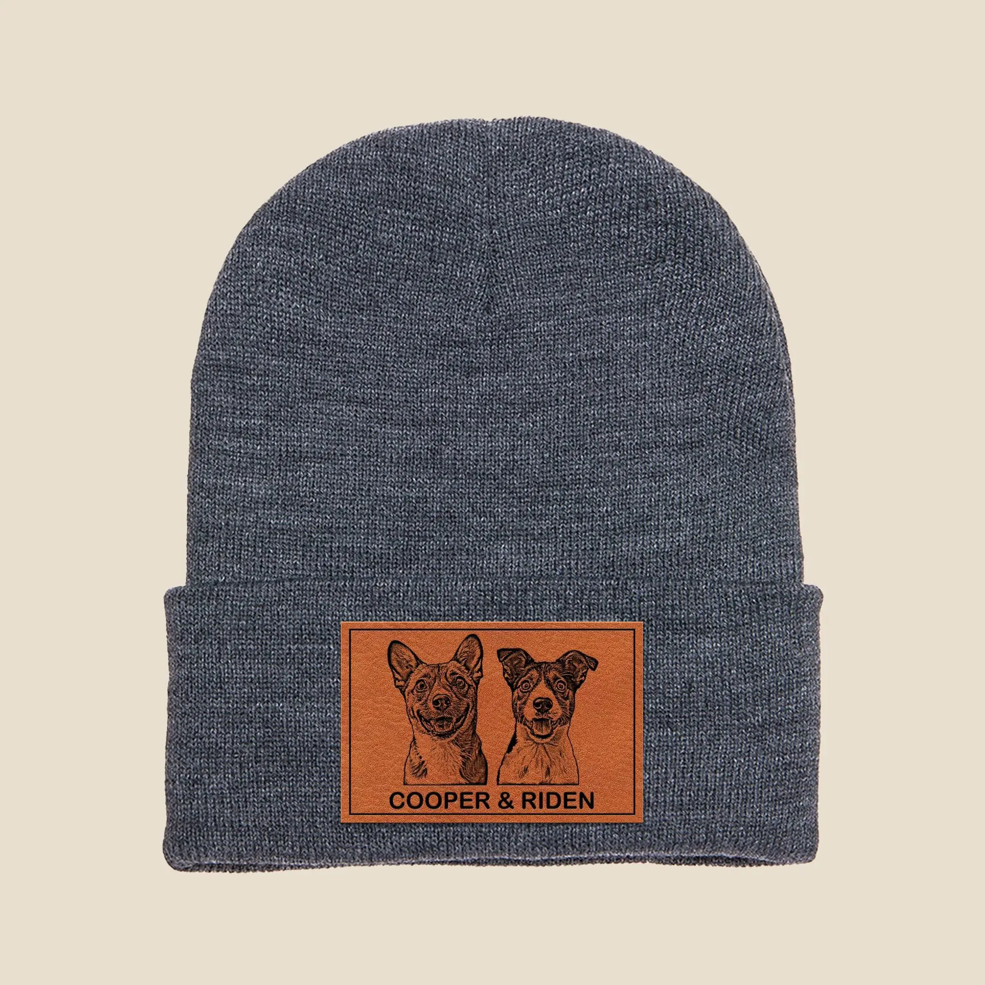 手描き風カスタムペットアート レザーラベル付きニット帽