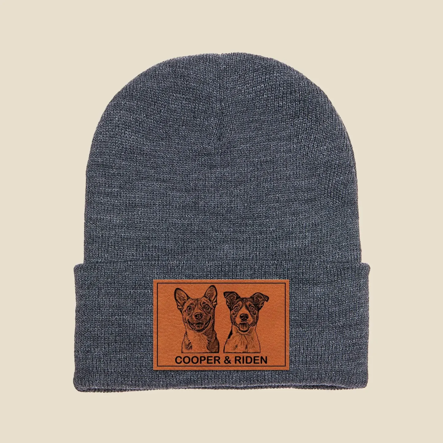 手描き風カスタムペットアート レザーラベル付きニット帽