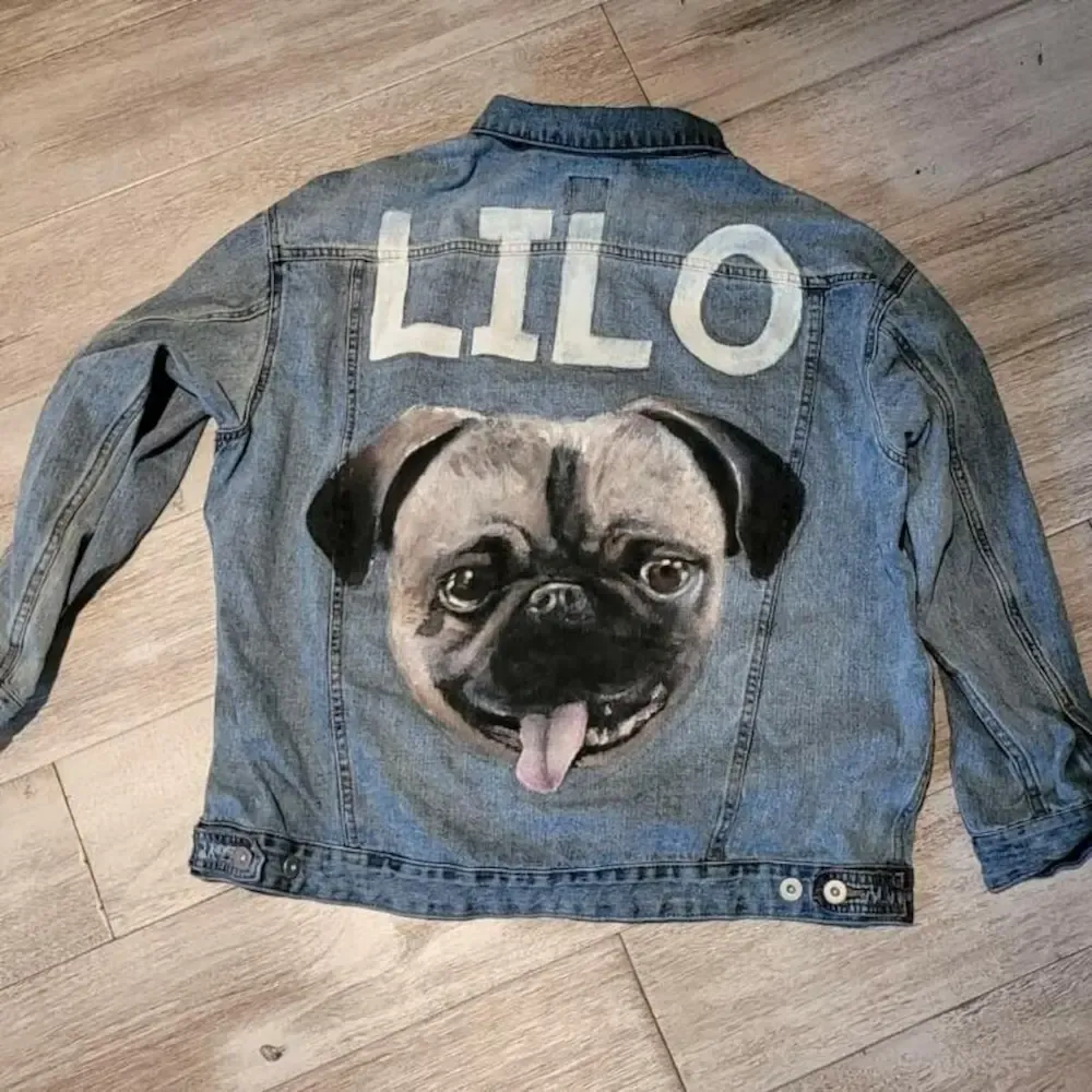 カスタムペットの肖像画手描き印刷転写デニムジャケット-フルサイズの肖像画