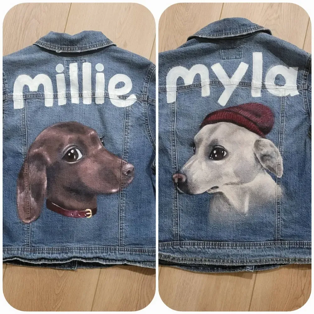 カスタムペットの肖像画手描き印刷転写デニムジャケット-フルサイズの肖像画
