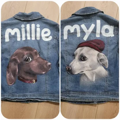 カスタムペットの肖像画手描き印刷転写デニムジャケット-フルサイズの肖像画