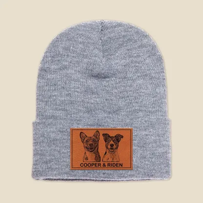 手描き風カスタムペットアート レザーラベル付きニット帽