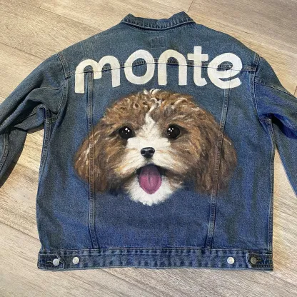 カスタムペットの肖像画手描き印刷転写デニムジャケット-フルサイズの肖像画