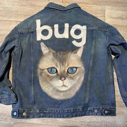 カスタムペットの肖像画手描き印刷転写デニムジャケット-フルサイズの肖像画