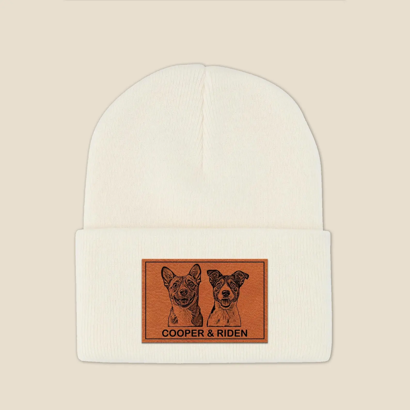 手描き風カスタムペットアート レザーラベル付きニット帽