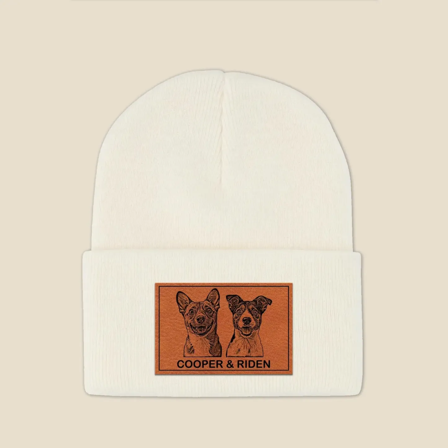 手描き風カスタムペットアート レザーラベル付きニット帽