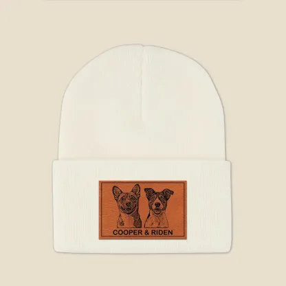 手描き風カスタムペットアート レザーラベル付きニット帽