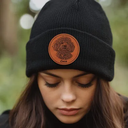 手描き風カスタムペットアート レザーラベル付きニット帽