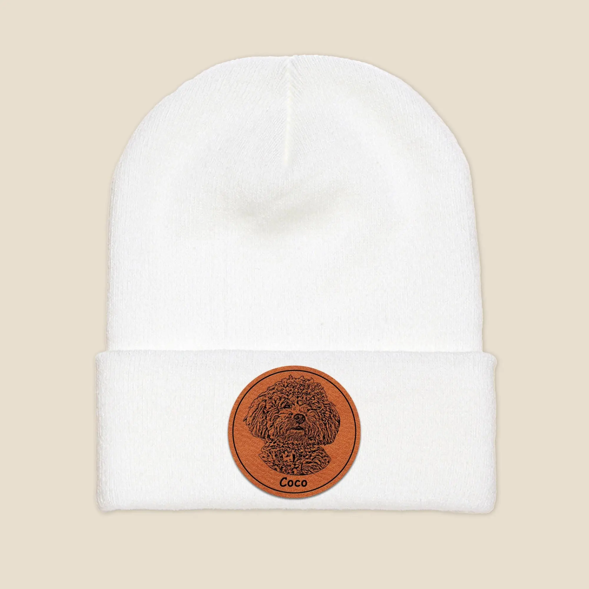 手描き風カスタムペットアート レザーラベル付きニット帽