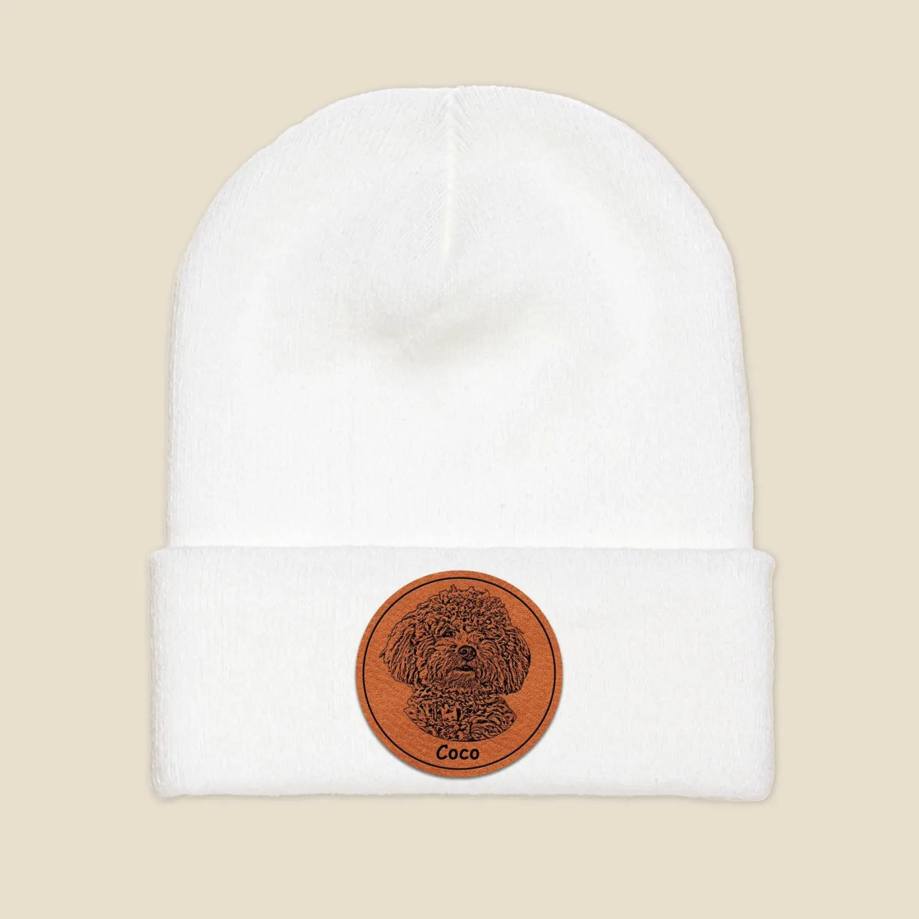 手描き風カスタムペットアート レザーラベル付きニット帽