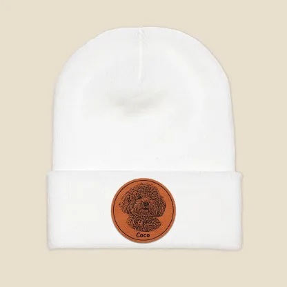 手描き風カスタムペットアート レザーラベル付きニット帽