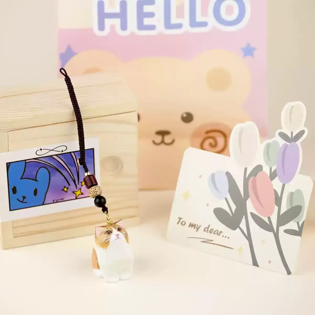 カスタム猫木彫りのストラップ-色だけカスタム