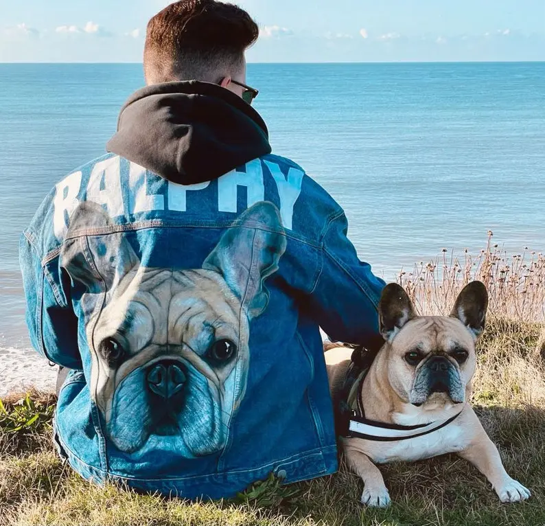 カスタムペットの肖像画手描き印刷転写デニムジャケット-フルサイズの肖像画