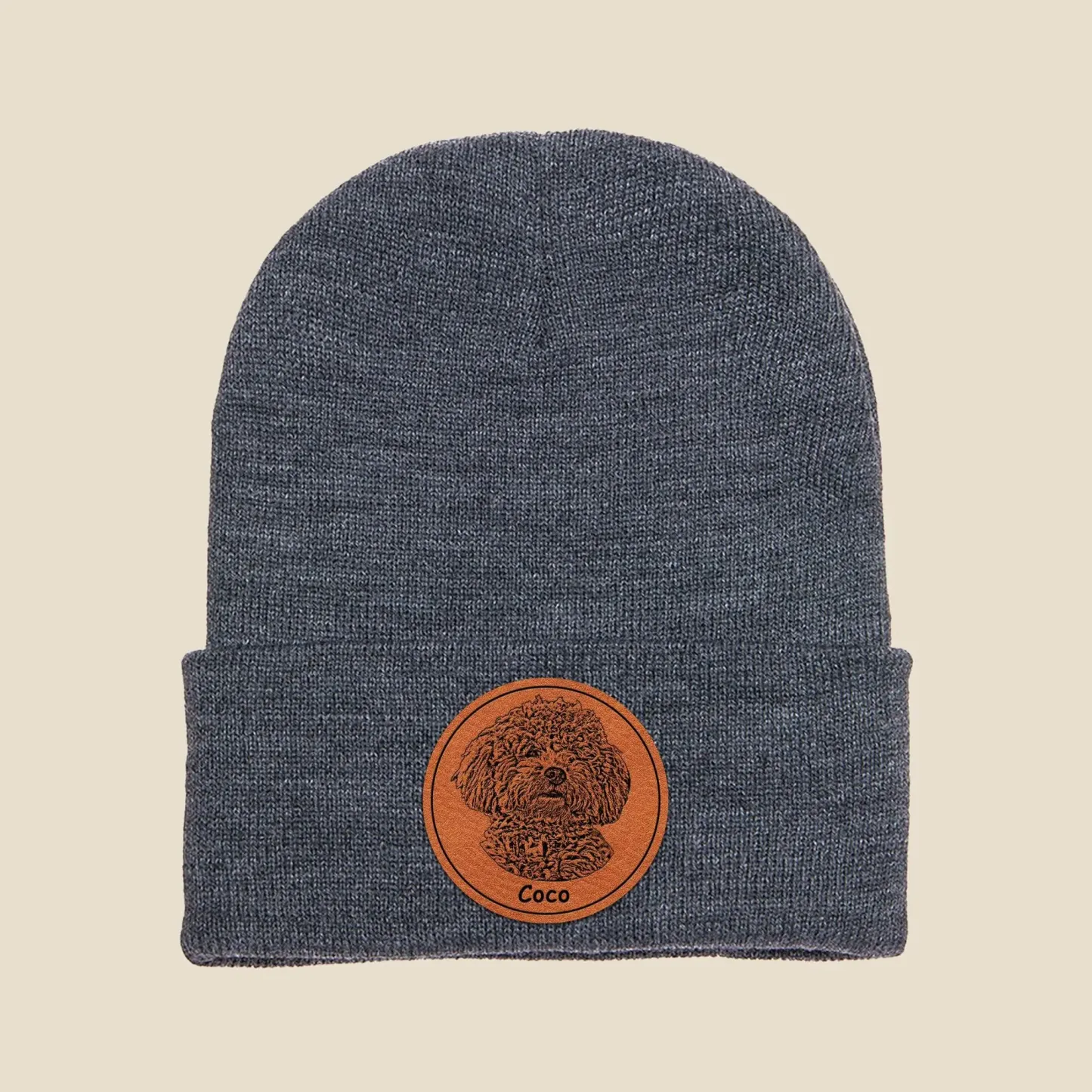 手描き風カスタムペットアート レザーラベル付きニット帽