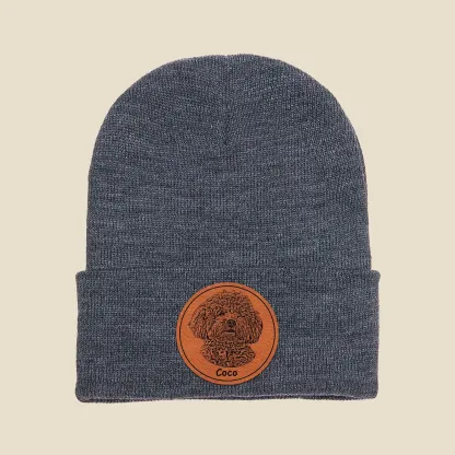 手描き風カスタムペットアート レザーラベル付きニット帽