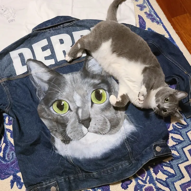 カスタムペットの肖像画手描き印刷転写デニムジャケット-フルサイズの肖像画