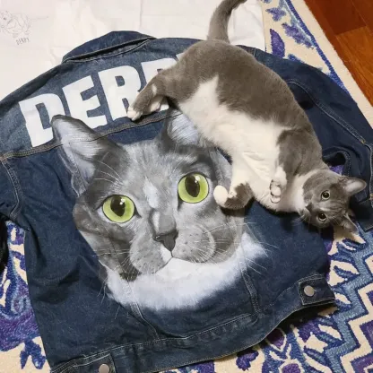 カスタムペットの肖像画手描き印刷転写デニムジャケット-フルサイズの肖像画