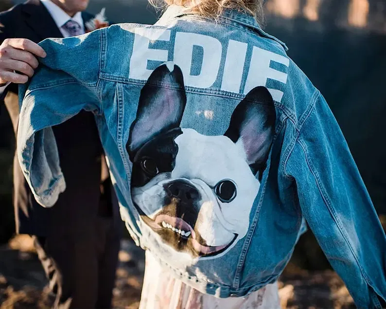 カスタムペットの肖像画手描き印刷転写デニムジャケット-フルサイズの肖像画