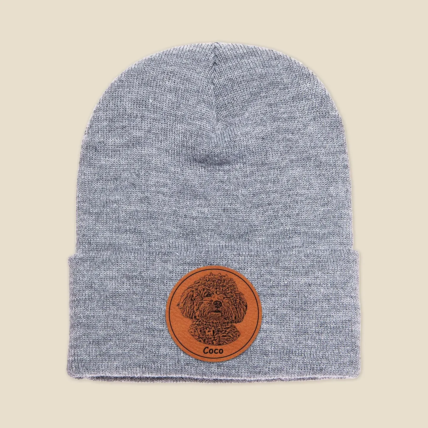 手描き風カスタムペットアート レザーラベル付きニット帽