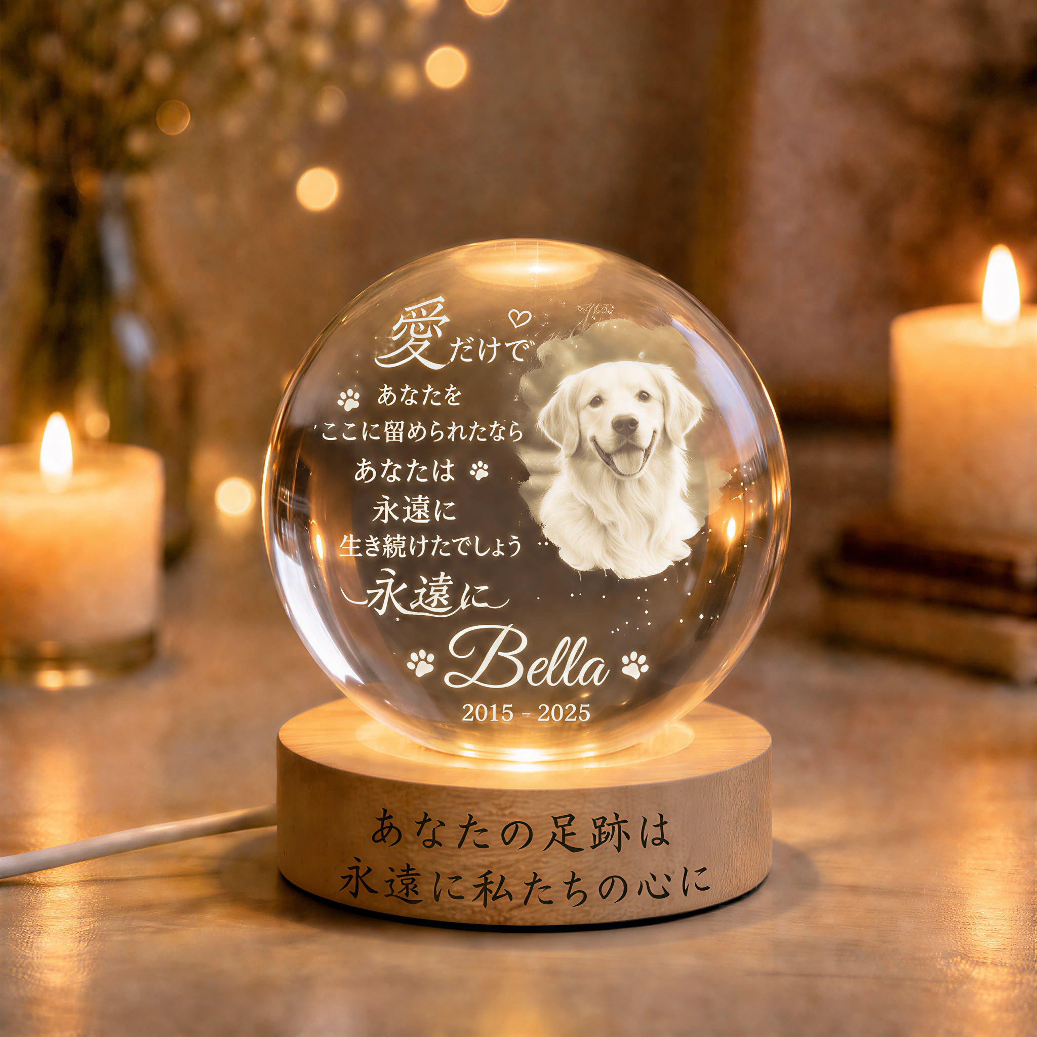 🐶 メモリアルテキスト入り パーソナライズドペットメモリアルクリスタルボールナイトライト 🕯️