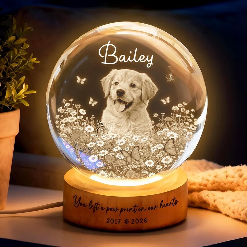 🐕 ペット写真入りメモリアルクリスタルボール – 天使への想いギフト ✨