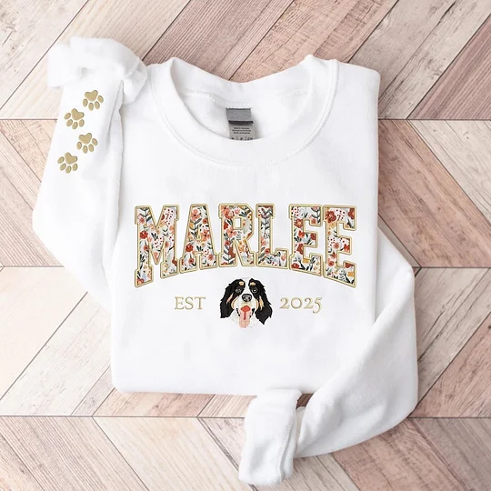 🔥Hot Sale🔥漫画風ペットの肖像画が入ったカスタム刺繍スウェットシャツ（花柄アップリケ刺繍入り）
