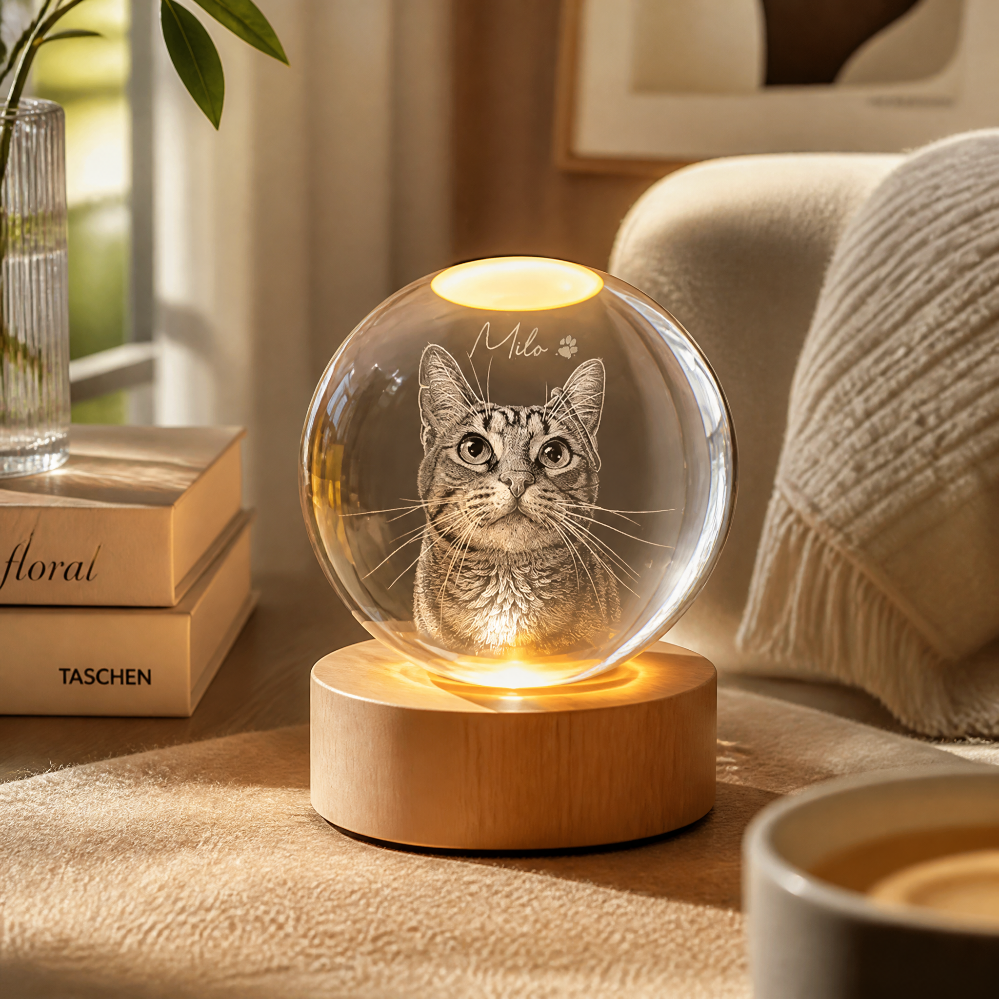 名入れクリスタルボール・ナイトライト：ペットのスケッチ画刻印・3Dフォトギフト