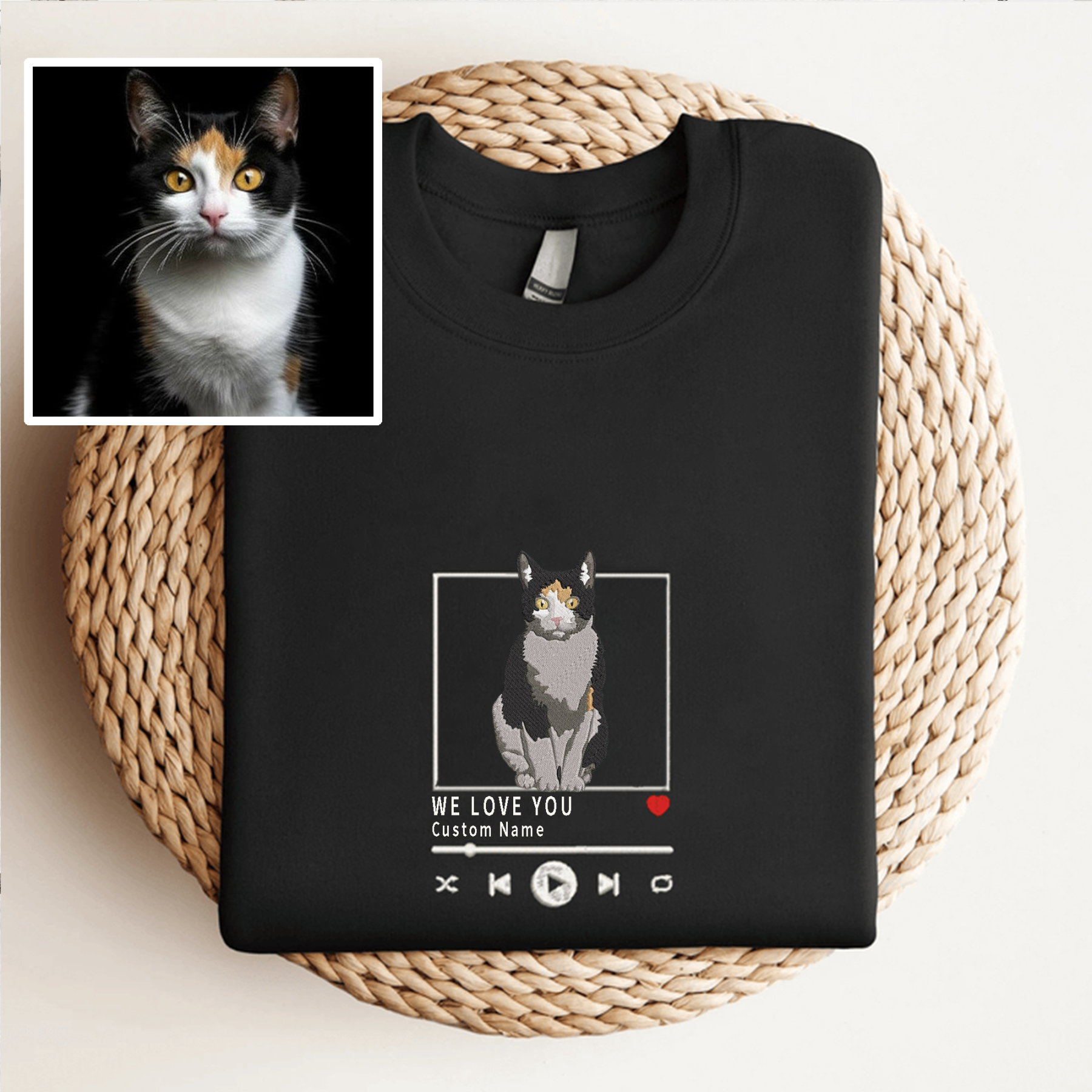 ペットの写真を刺繍したミュージックプレーヤー風Tシャツ、スウェットシャツ、パーカー-welikecustom-MJ