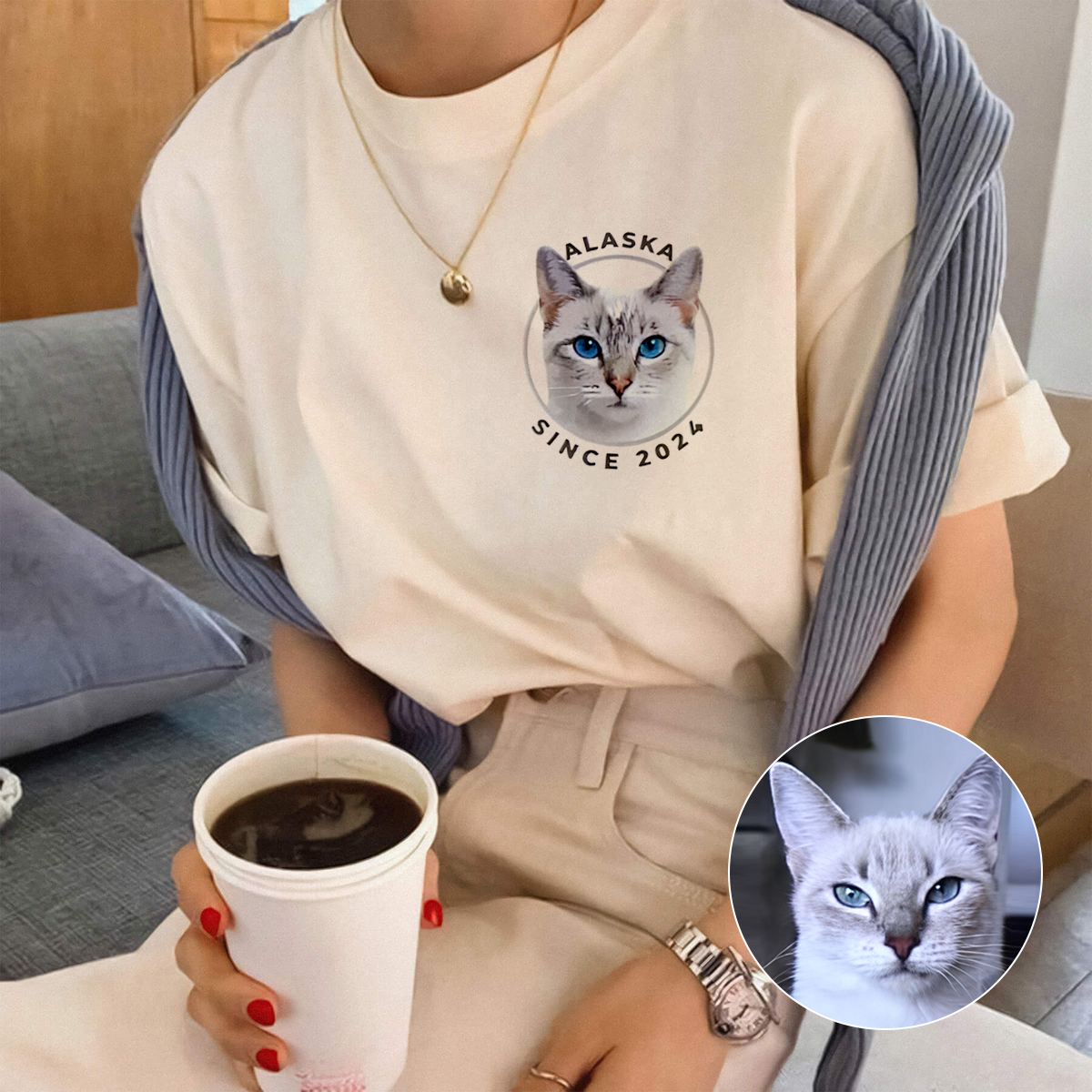 手描きミニマリスト風ペット写真Tシャツ