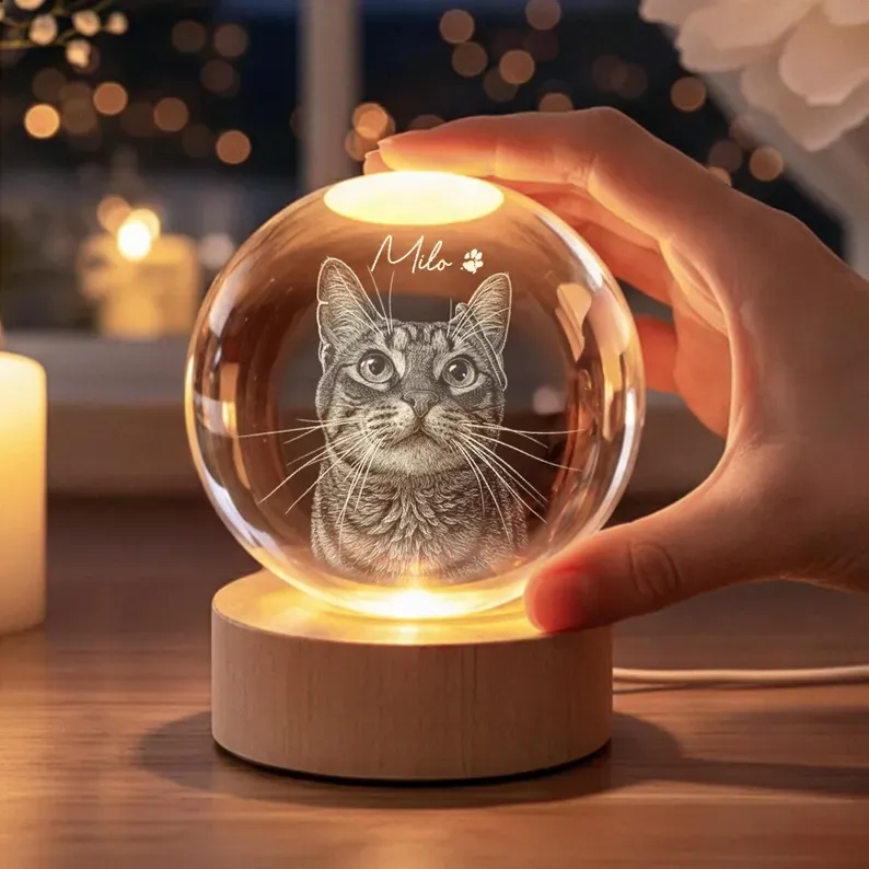 名入れクリスタルボール・ナイトライト：ペットのスケッチ画刻印・3Dフォトギフト