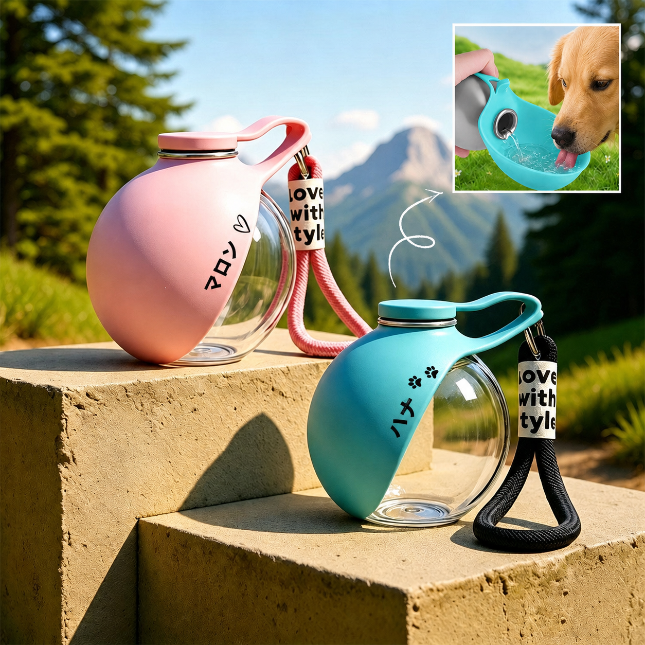 名入れ ペット用水筒 携帯給水器｜犬・猫用 丸型ポータブルウォーターディスペンサー（漏れ防止／軽量／2カラー）