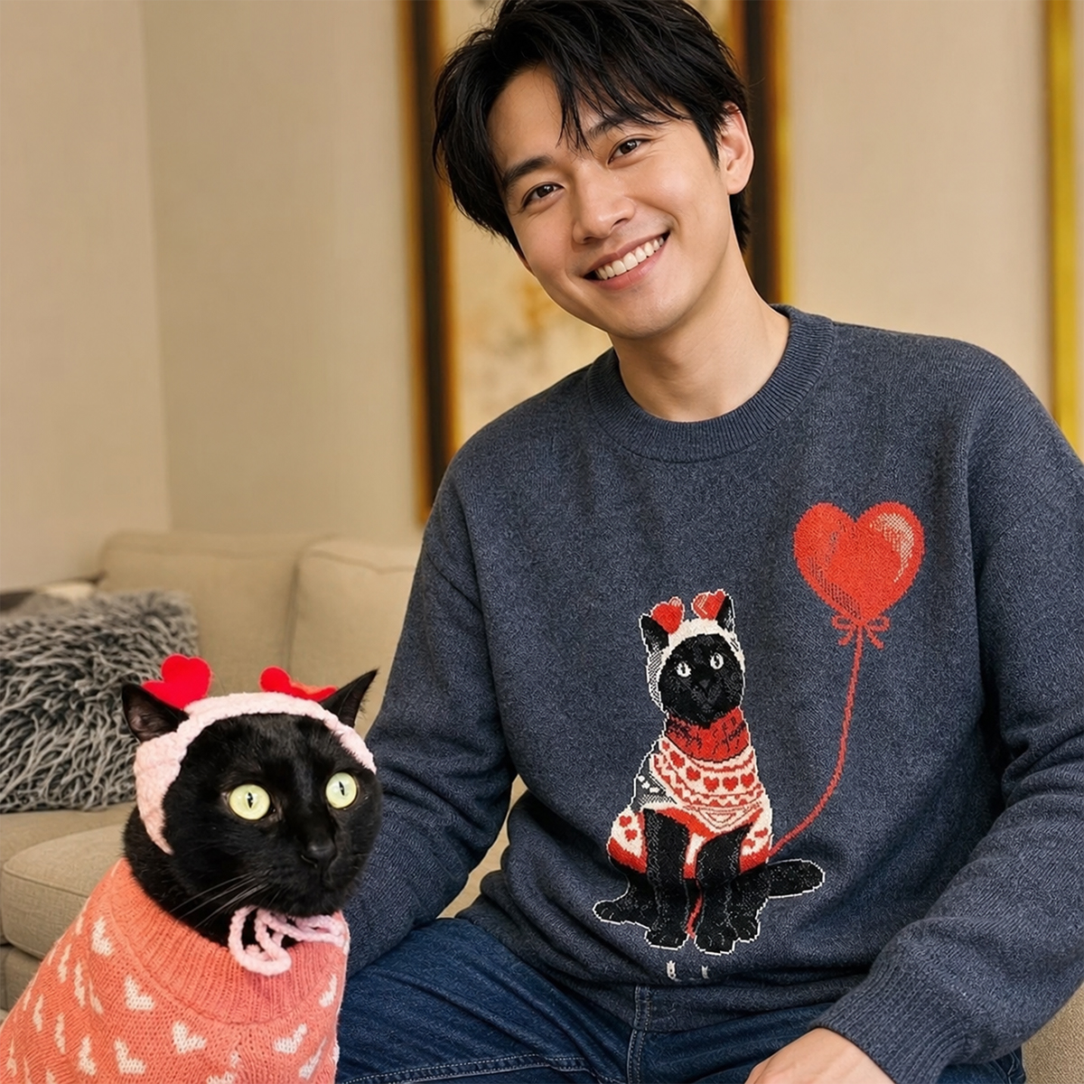 ペットニットセーター ハート風船 犬柄 可愛い 動物好き ジャカード編み 暖かい プルオーバー スウェター ペットオーナー向け