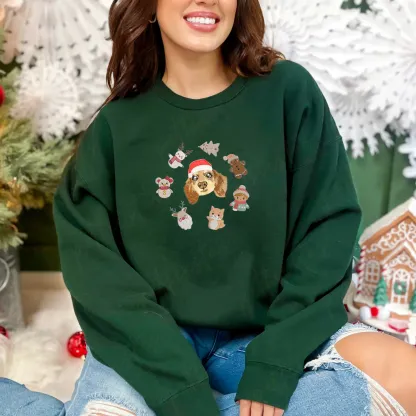 写実風お祝いの刺繍要素を備えたカスタムペットポートレートクリスマススウェットシャツ-welikecustom-MJ