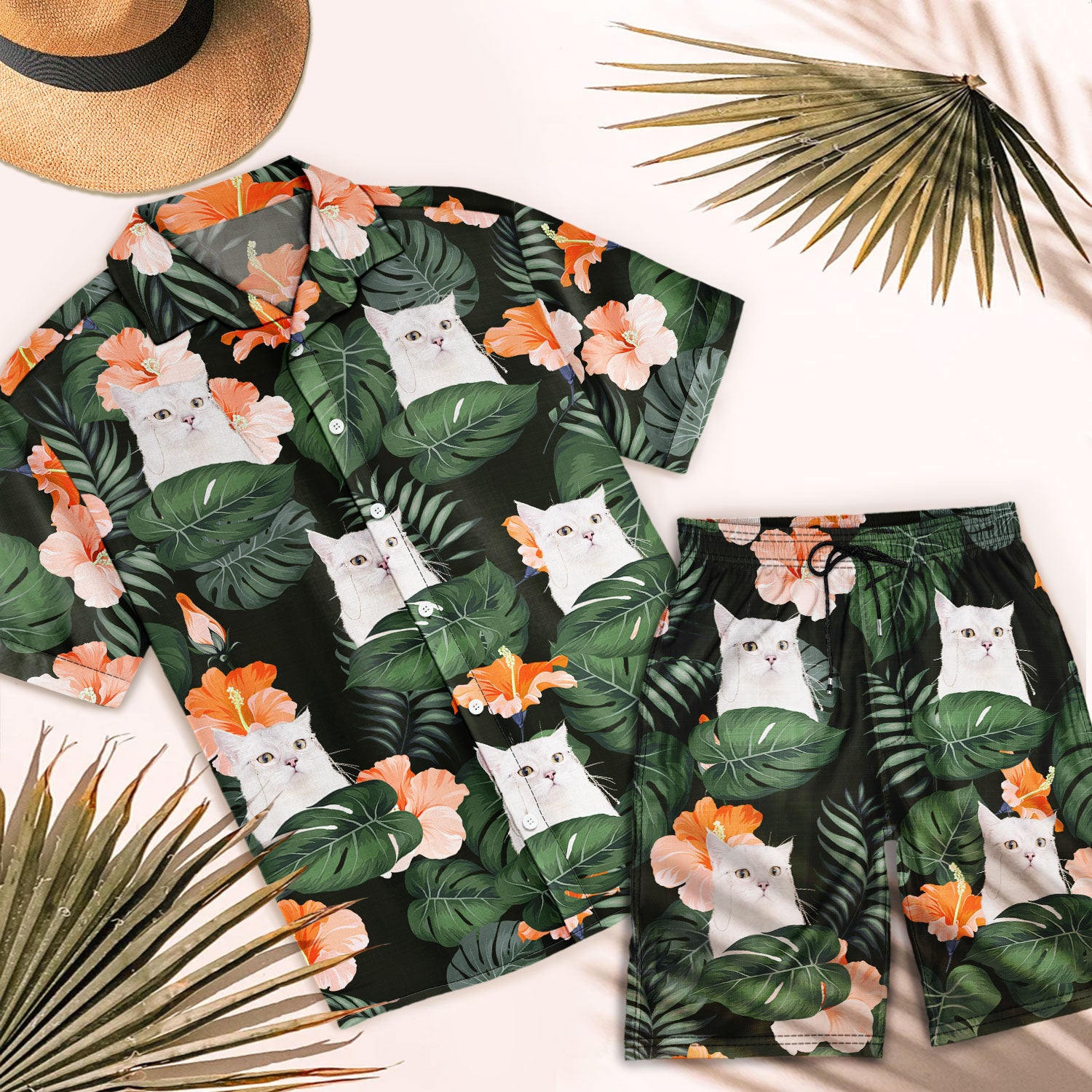 カスタム写真の面白い家族のペットの顔 - パーソナライズされたハワイセットシャツとショーツ-welikecustom-MJ