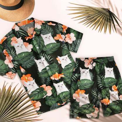 カスタム写真の面白い家族のペットの顔 - パーソナライズされたハワイセットシャツとショーツ-welikecustom-MJ