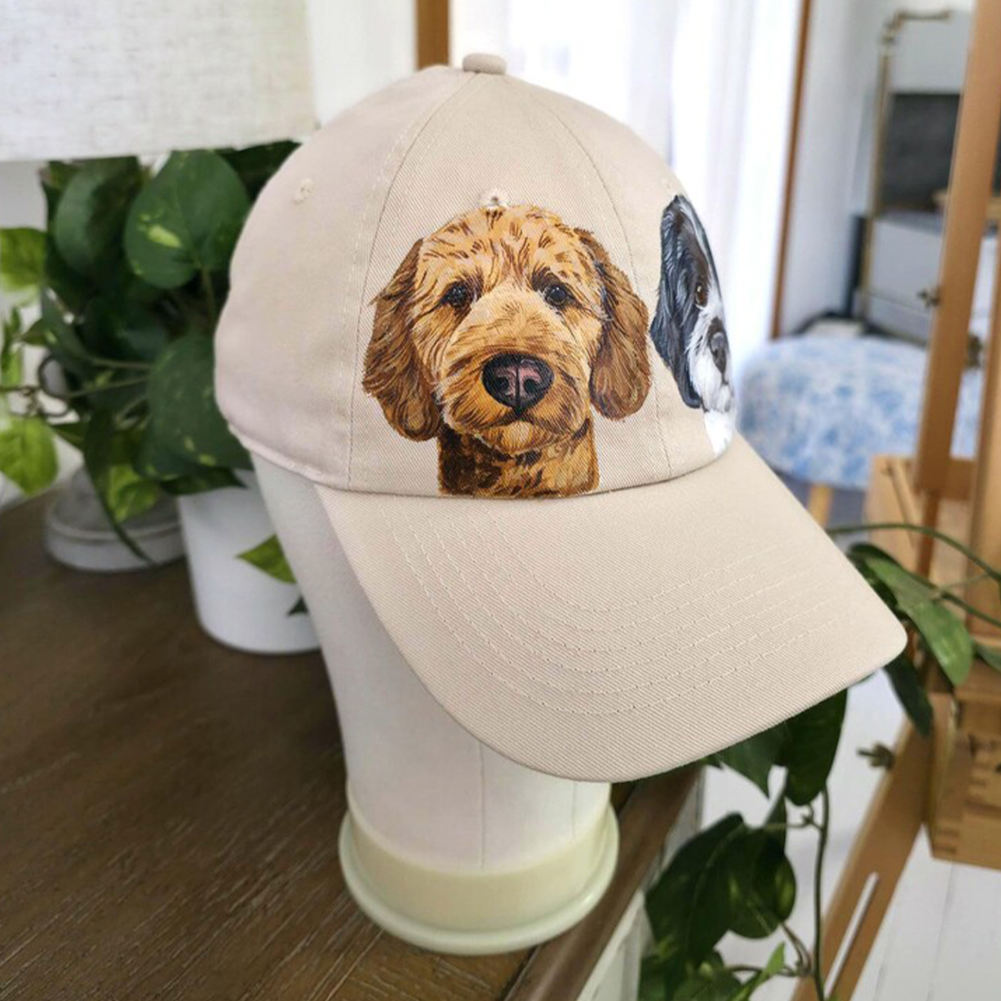 【完全オーダーメイド】手描きペット肖像画キャップ / 愛犬・愛猫の似顔絵帽子 / 記念日ギフト・お揃いコーデに