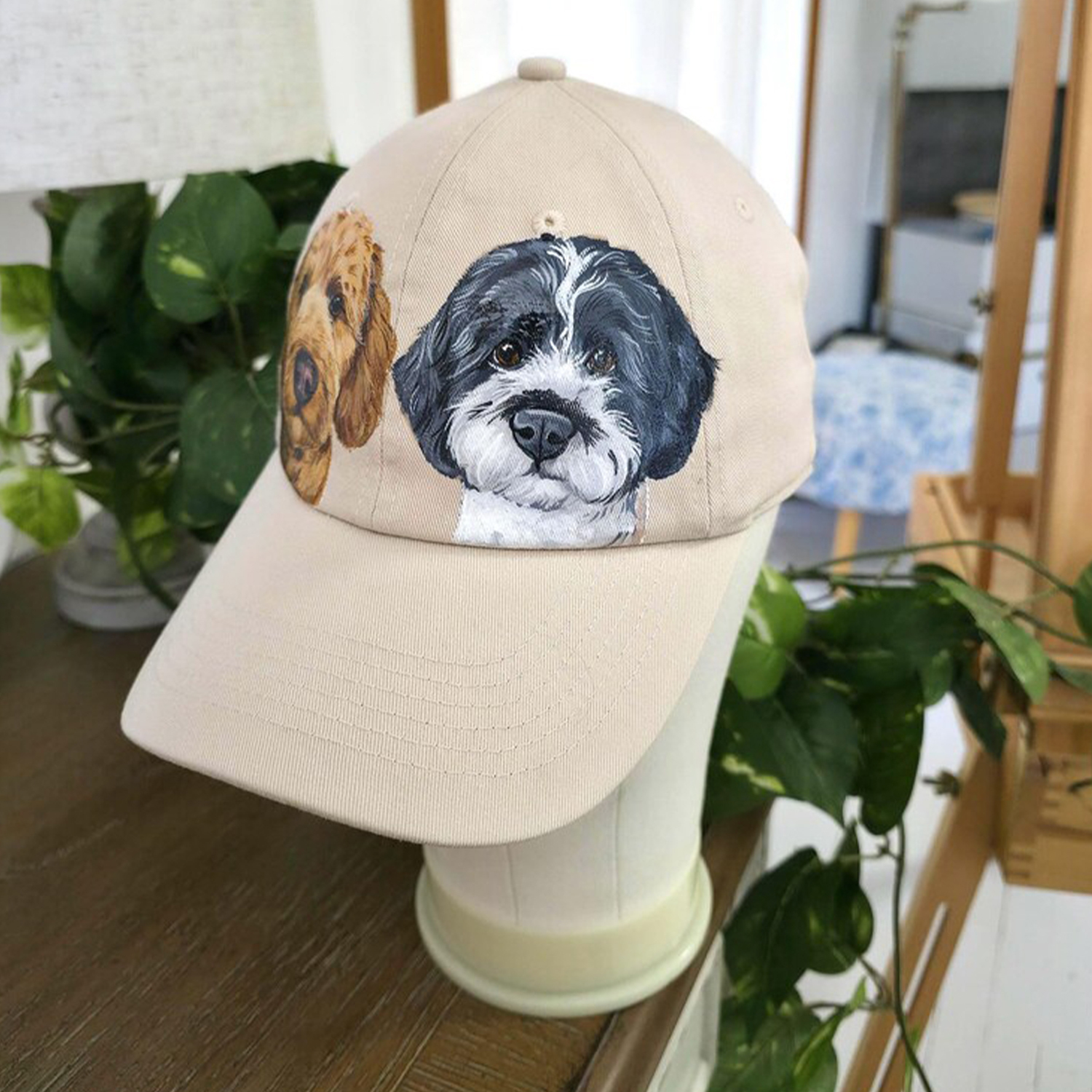 【完全オーダーメイド】手描きペット肖像画キャップ / 愛犬・愛猫の似顔絵帽子 / 記念日ギフト・お揃いコーデに
