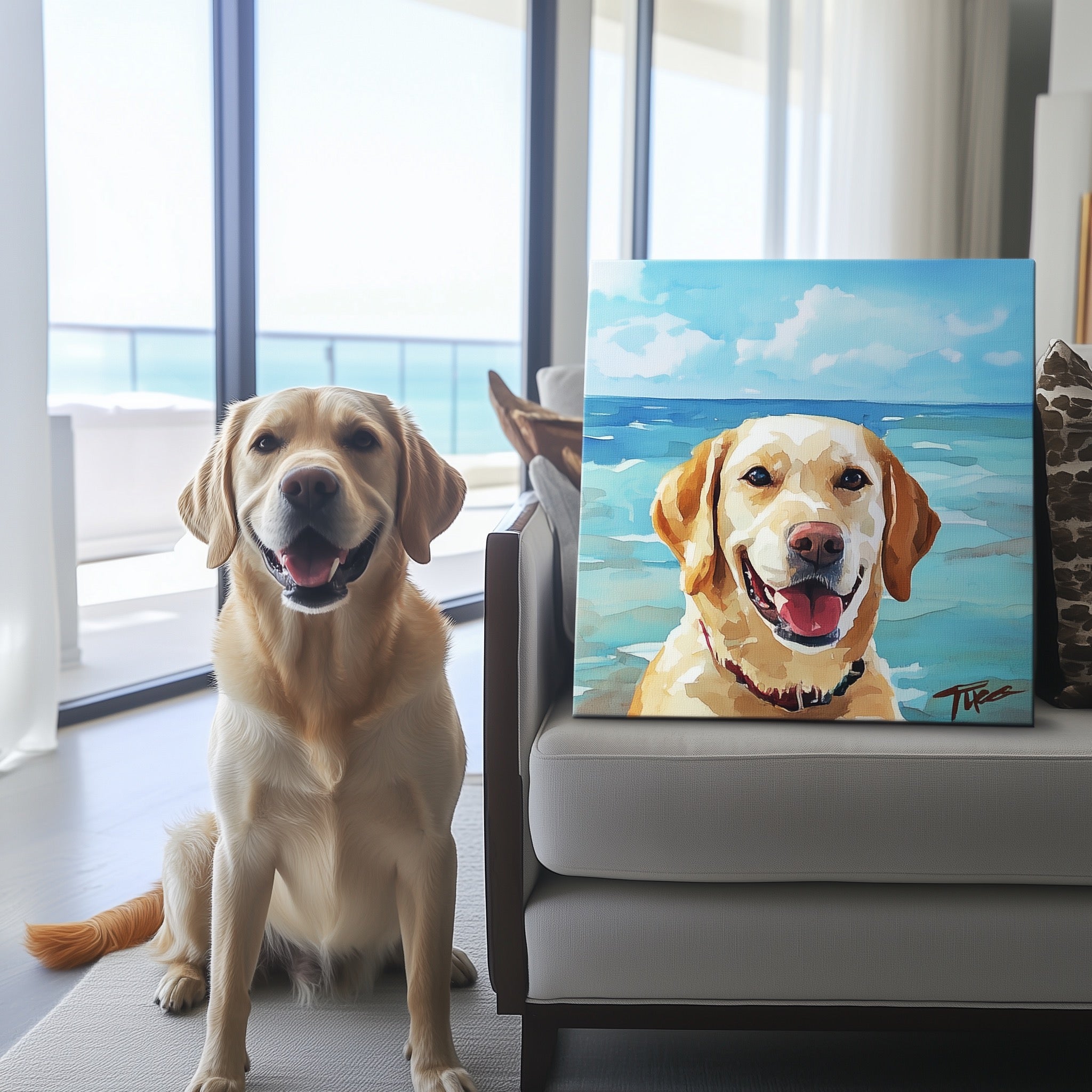 夏のビーチ水彩画風 ペットポートレート-welikecustom-MJ