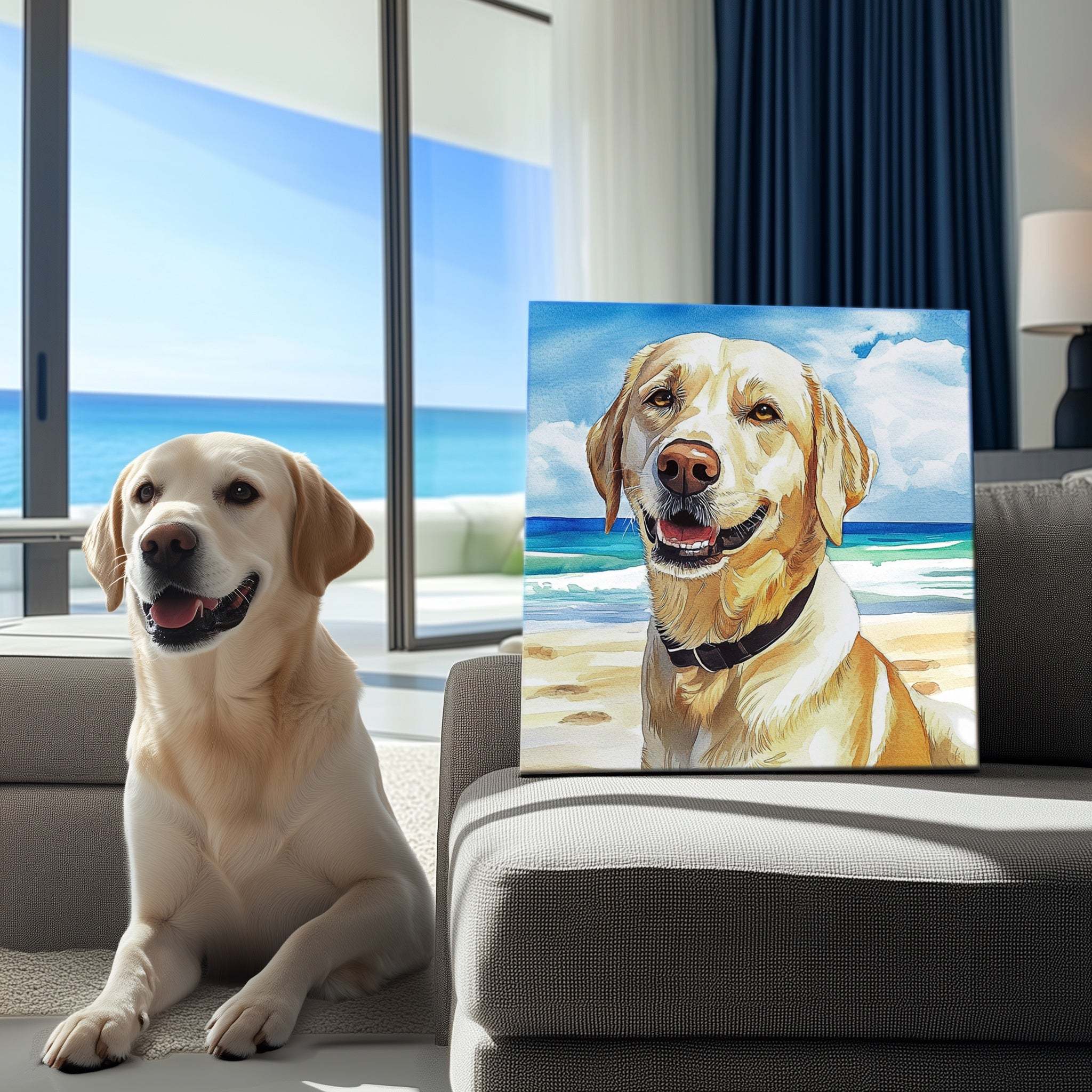 夏のビーチ水彩画風 ペットポートレート-welikecustom-MJ