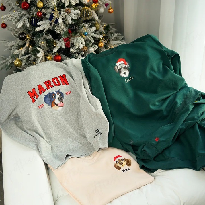 写実風カスタマイズされたペットのクリスマス帽子シリーズの刺繍入り T シャツ、スウェットシャツ、パーカー-welikecustom-MJ