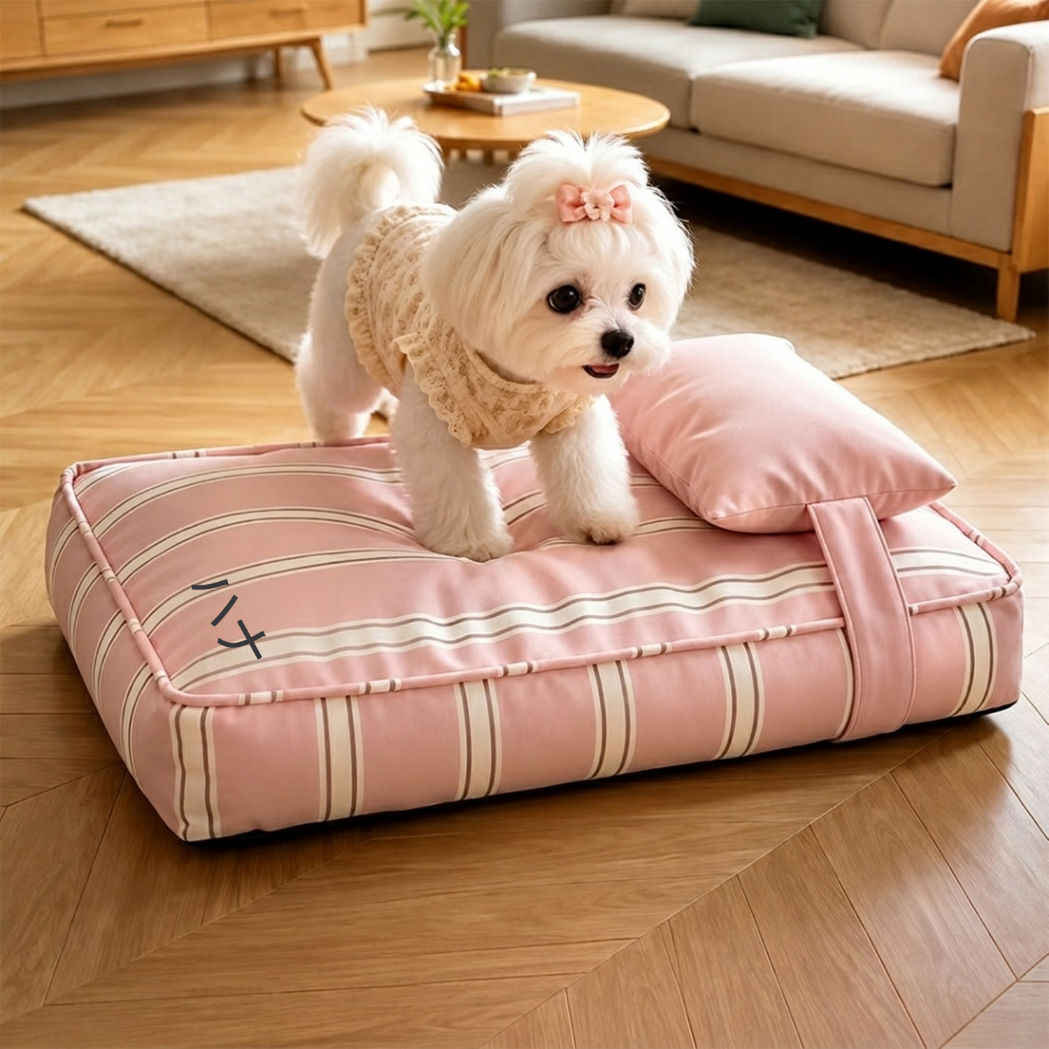 ペット用ストライプベッド クッション付き 名前入れ可能 愛犬愛猫用 ソファベッド 洗える 低反発 小型犬 中型犬用